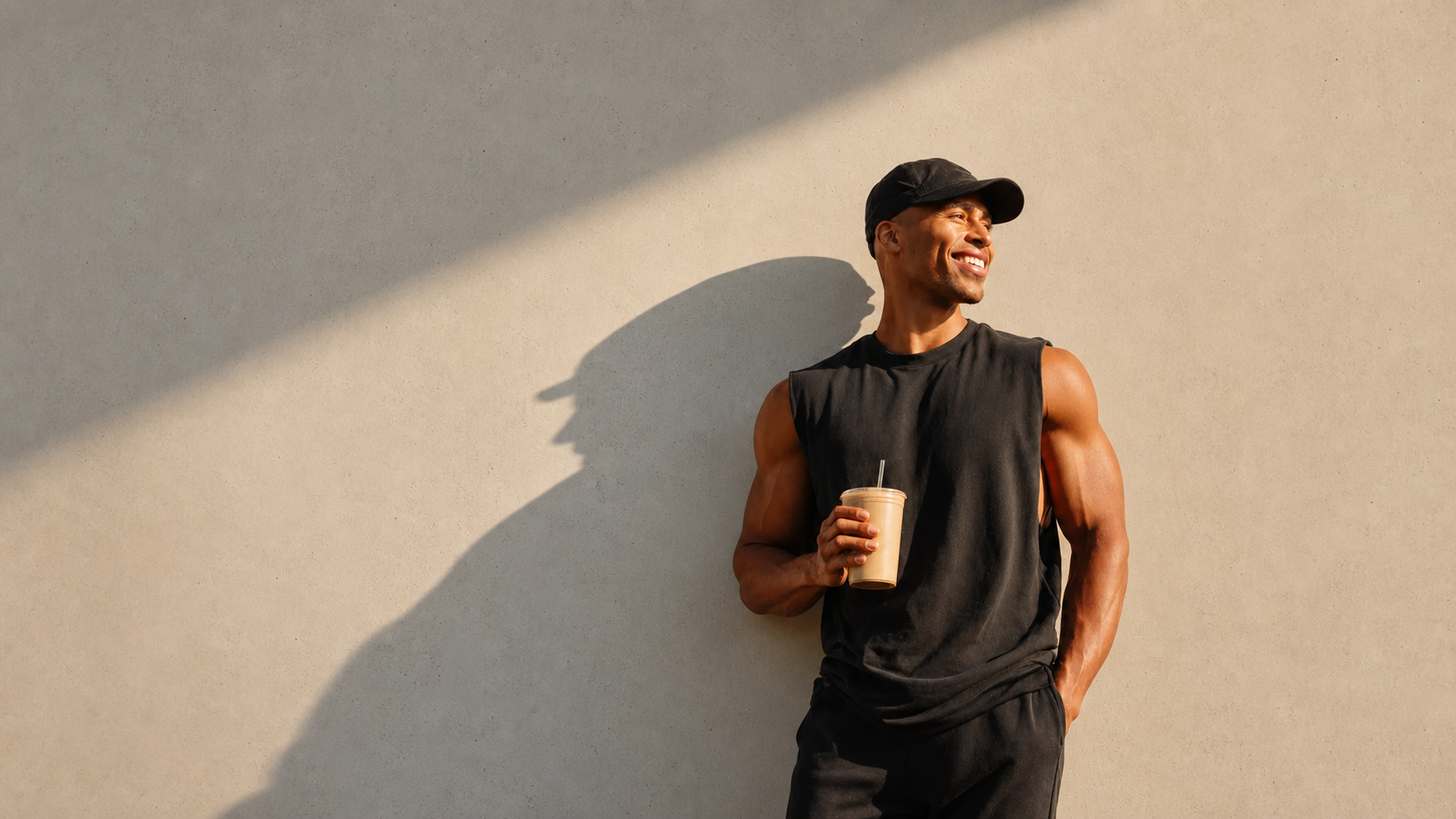 Athletic man holding a drink in warm sunlight
