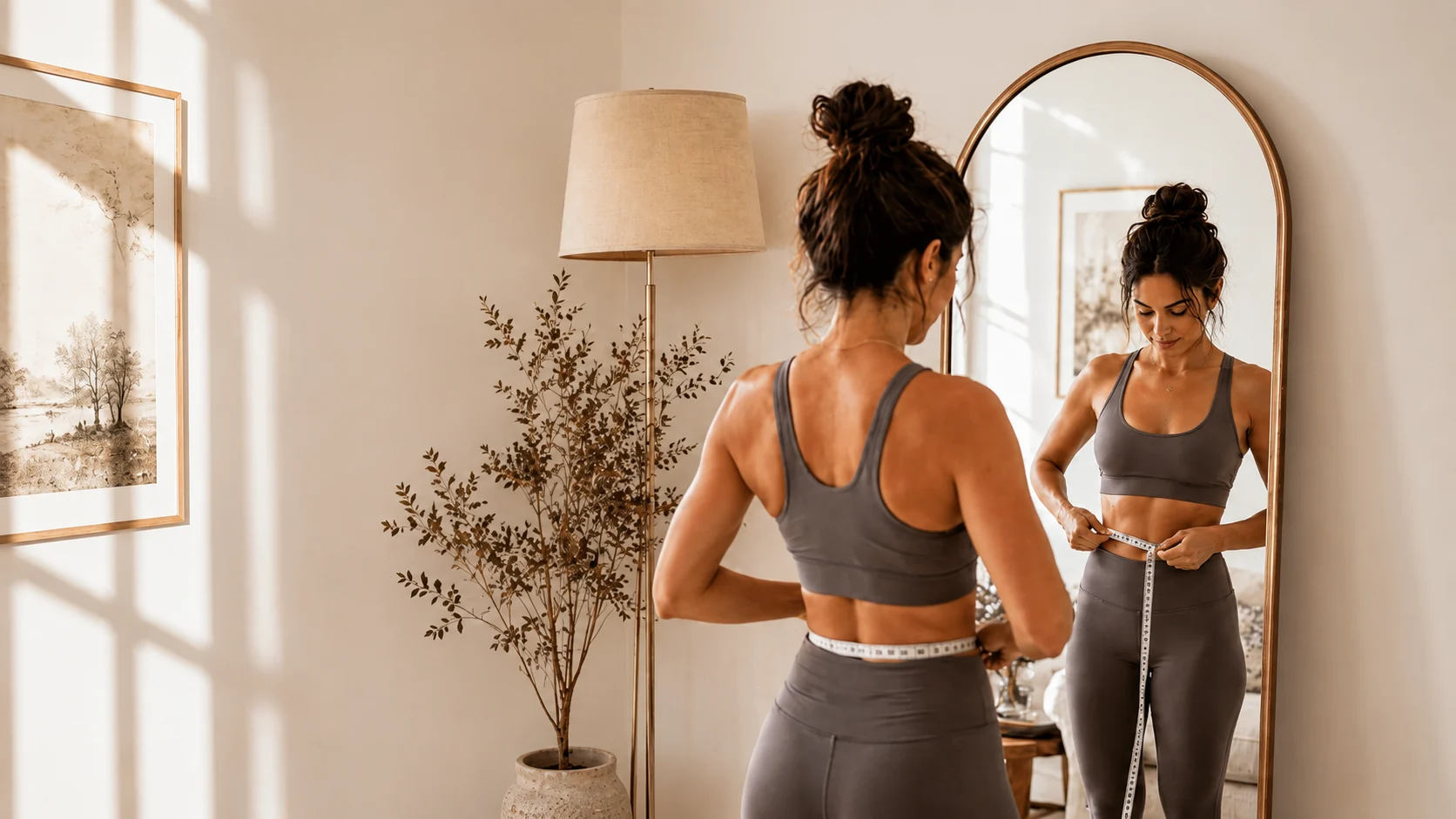 Woman measuring her waist in front of a mirror