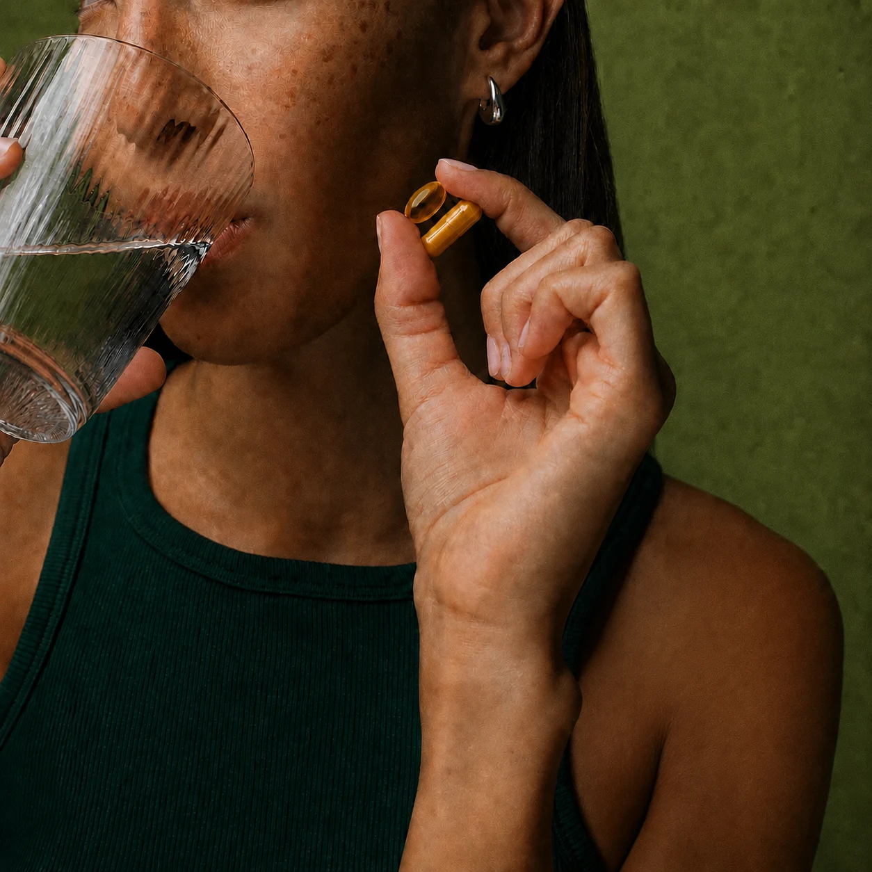 Woman taking a supplement with water
